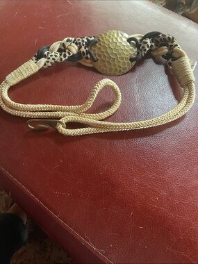 VINTAGE Braided Rope Waist Belt with Hammered Brass Accent AND Animal Print